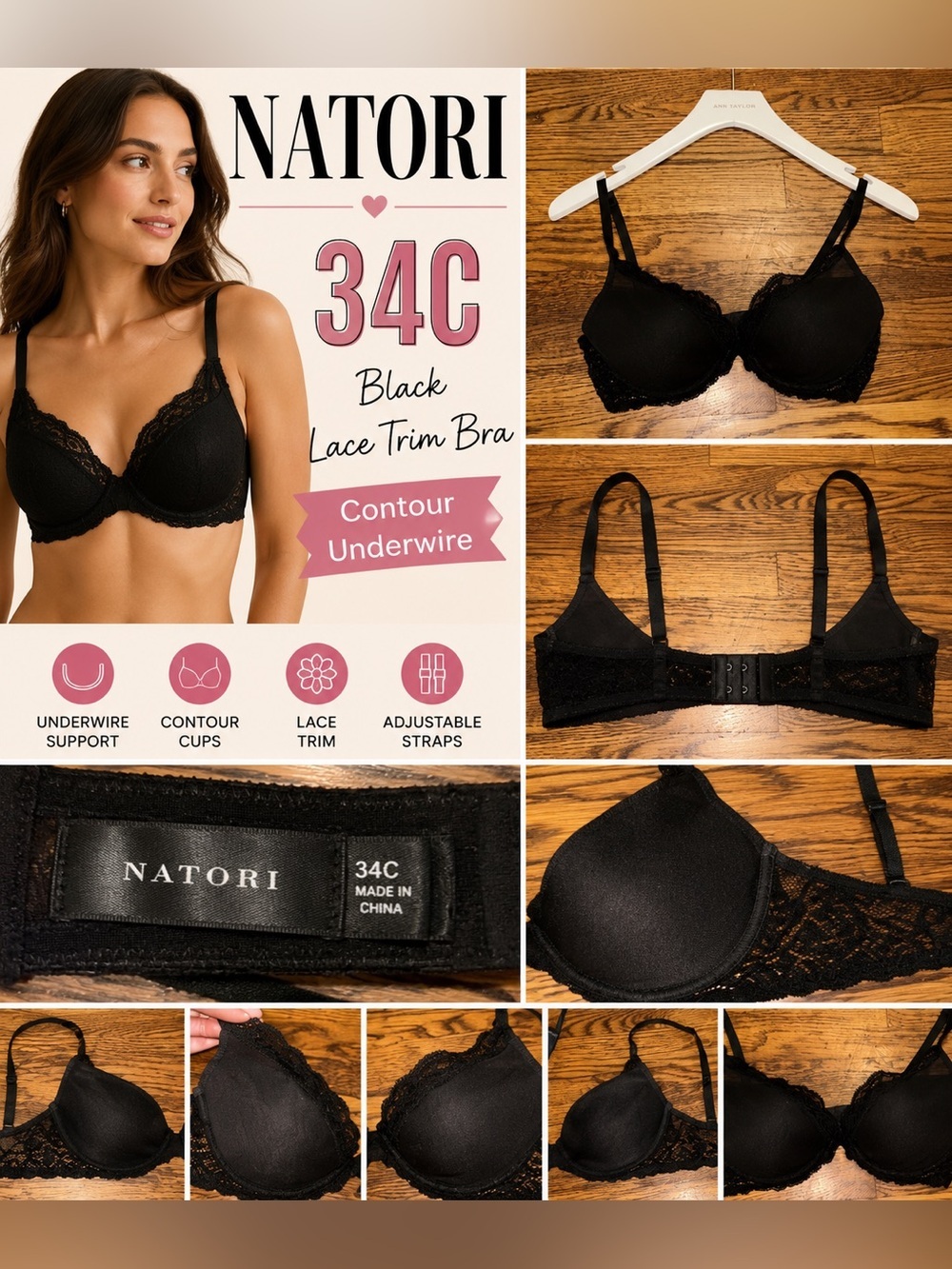 Natori Black Lace Trim Contour Underwire Bra Women’s Size 34C
